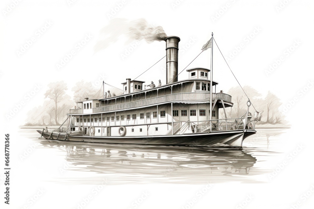 Fototapeta premium Engraved Steamboat Illustration on White: A Timeless Classic