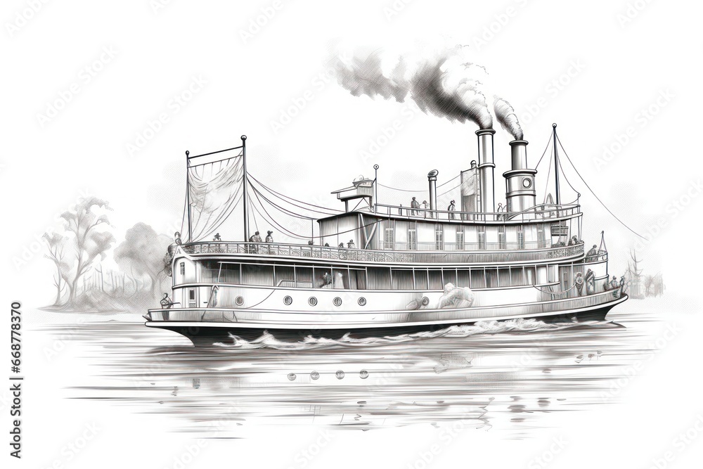 Fototapeta premium Steamboat Engraving on White - Classic Illustration