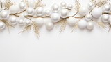 Elegant Christmas Composition: White Ball Garland and Tree Branches on Pure White Background - Festive Holiday and Winter Concept with Top View and Copy Space