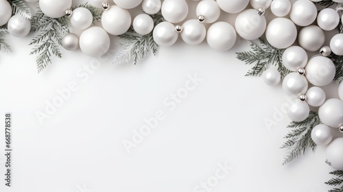 Elegant Christmas Composition  White Ball Garland and Tree Branches on Pure White Background - Festive Holiday and Winter Concept with Top View and Copy Space