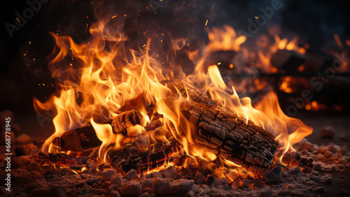 Close-up  Burning flames for grilling.