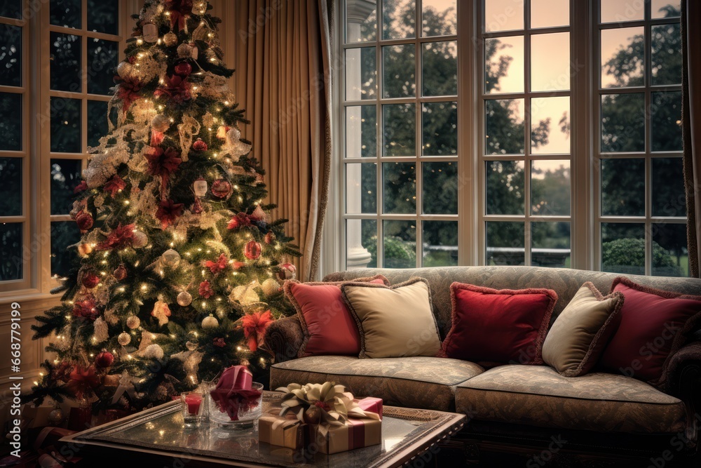 Festive Living Room with Adorned Tree Festive Living Room with Adorned Tree