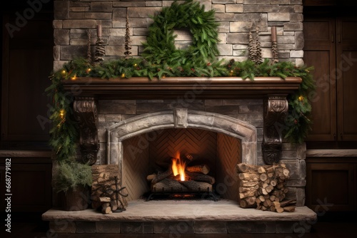 Wreath-adorned Mantle: A Warm Hearth © Morphart