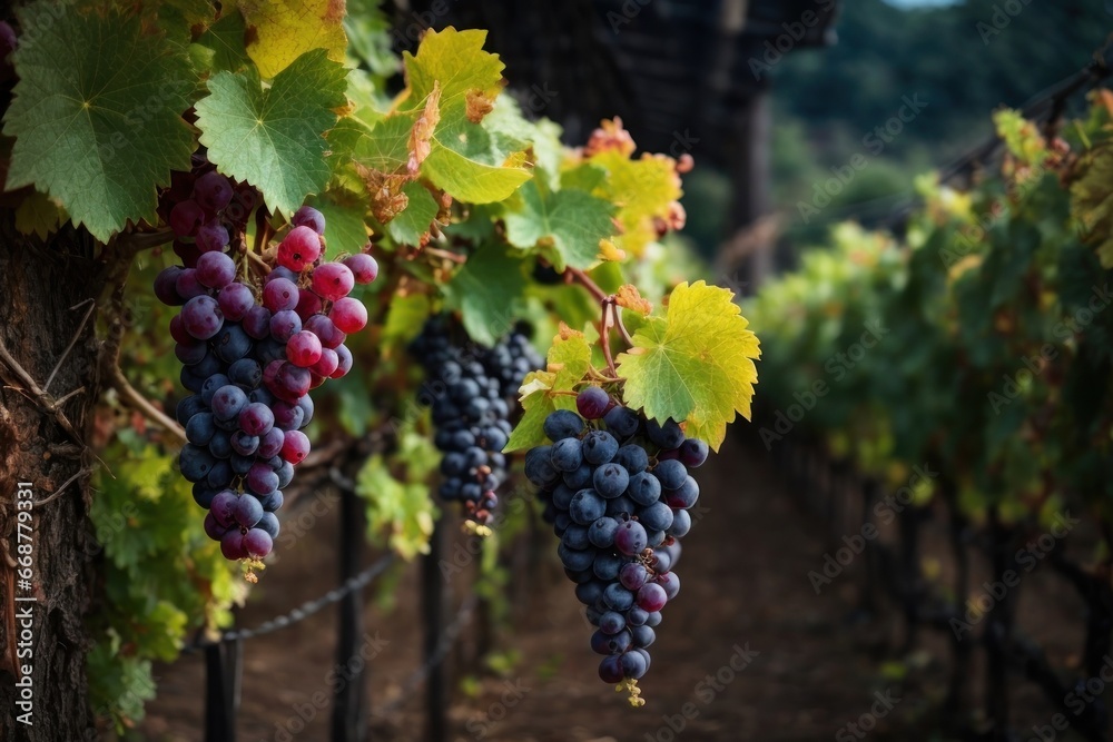 a fresh grapes farm, black grapes. Generative AI