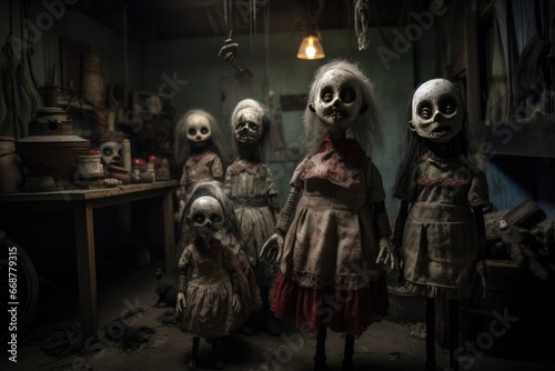 Moonlit attic unveils creepy dolls.