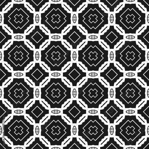 Black and white seamless pattern with symmetrical composition. Monochrome palette. Vector illustration