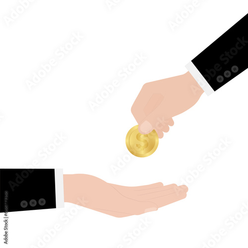 Hand Giving Coin. Vector Illustration Isolated on White Background. Investment and Saving Concept.