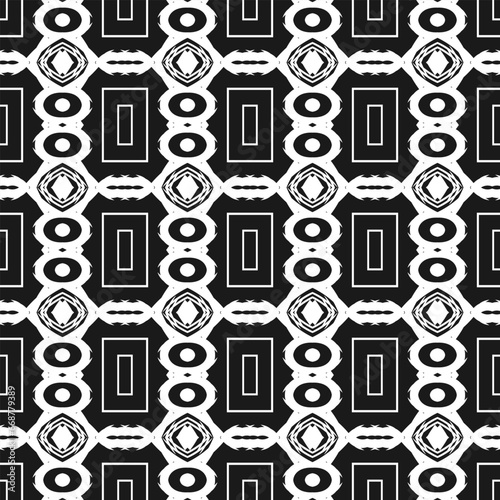 Black and white seamless pattern with symmetrically arranged elements. Monochrome palette. Vector illustration