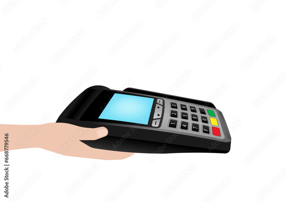 Hand Holding POS - Point of Sale Terminal or Credit Card Reader Machine. Vector Illustration. Hand Holding POS - Point of Sale Terminal or Credit Card Reader Machine. Vector Illustration.