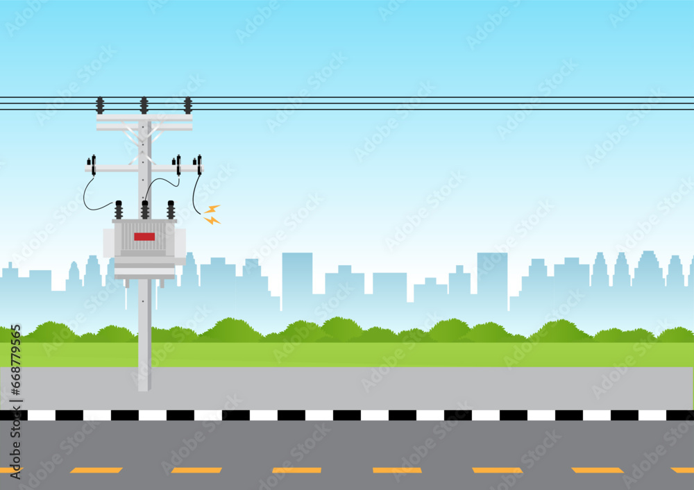 Fototapeta premium Electric pole and and Electric transformer damage and broken with Short Circuit Spark. Electric pole. Power Poles. Electric Power transmission. Vector Illustration.