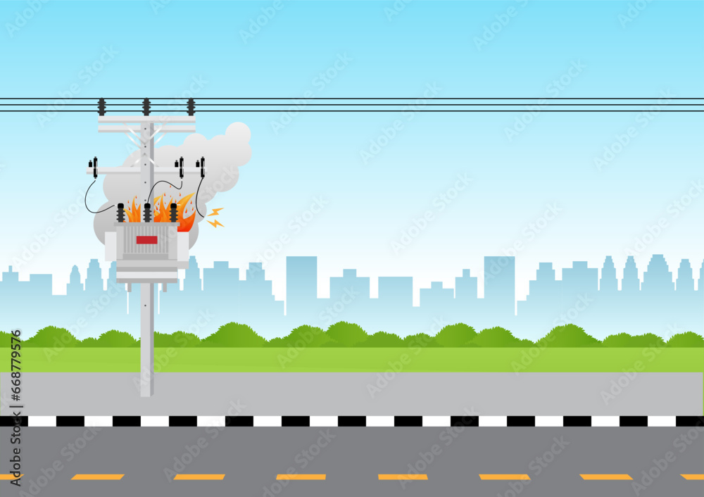 Electric pole and and Electric transformer broken with fire spark. Electric pole. Power Poles. Electric Power transmission. Vector Illustration. - obrazy, fototapety, plakaty 