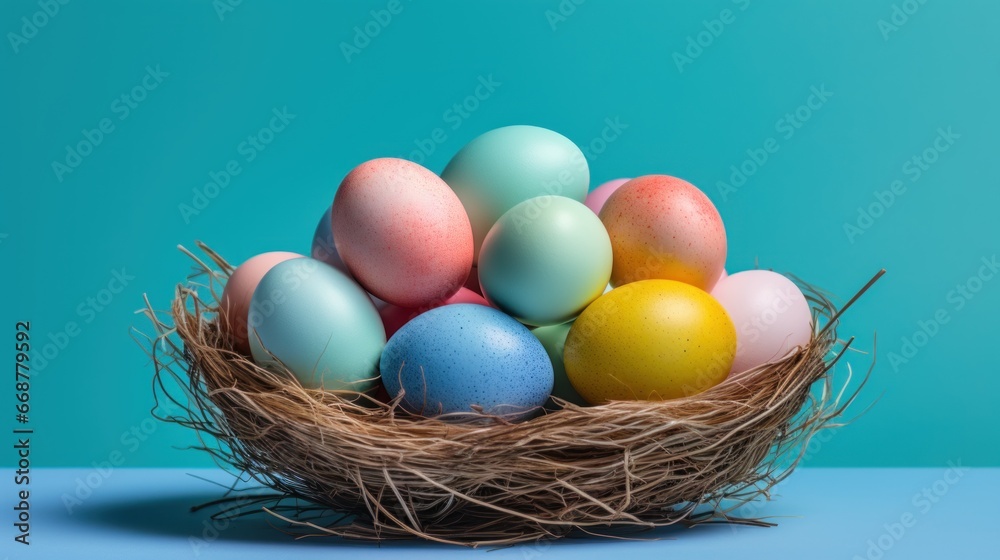 Colorfully painted eggs in a basket, set against a blue background with space for copy. Colorfully painted eggs in a basket, set against a blue background with space for copy.