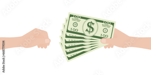 Hand Giving Cash Money or Dollar Bill. Vector Illustration Isolated on White Background.