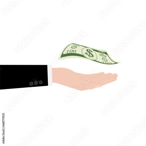 Hand Holding Dollar Bill or Cash Money. Vector Illustration Isolated on White Background.