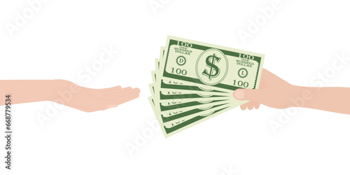 Hand Giving Cash Money or Dollar Bill. Vector Illustration Isolated on White Background.