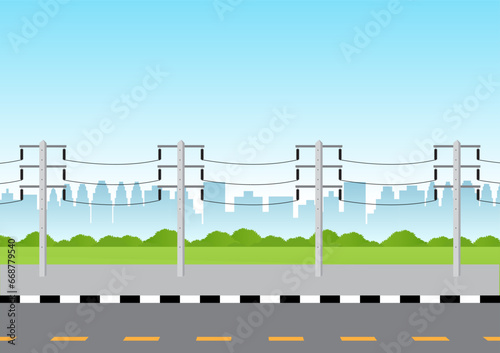 Electric pole. Power Poles. Electric Power transmission along the Road. Vector Illustration.	