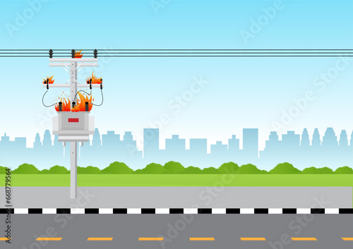 Electric pole and and Electric transformer broken with fire spark. Electric pole. Power Poles. Electric Power transmission. Vector Illustration.