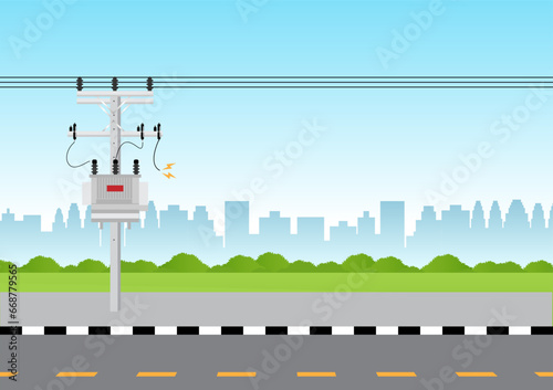 Electric pole and and Electric transformer damage and broken with Short Circuit Spark. Electric pole. Power Poles. Electric Power transmission. Vector Illustration.