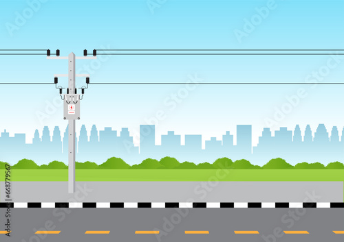 Electric pole. Power Poles. Electric Power transmission along the Road. Vector Illustration.	
