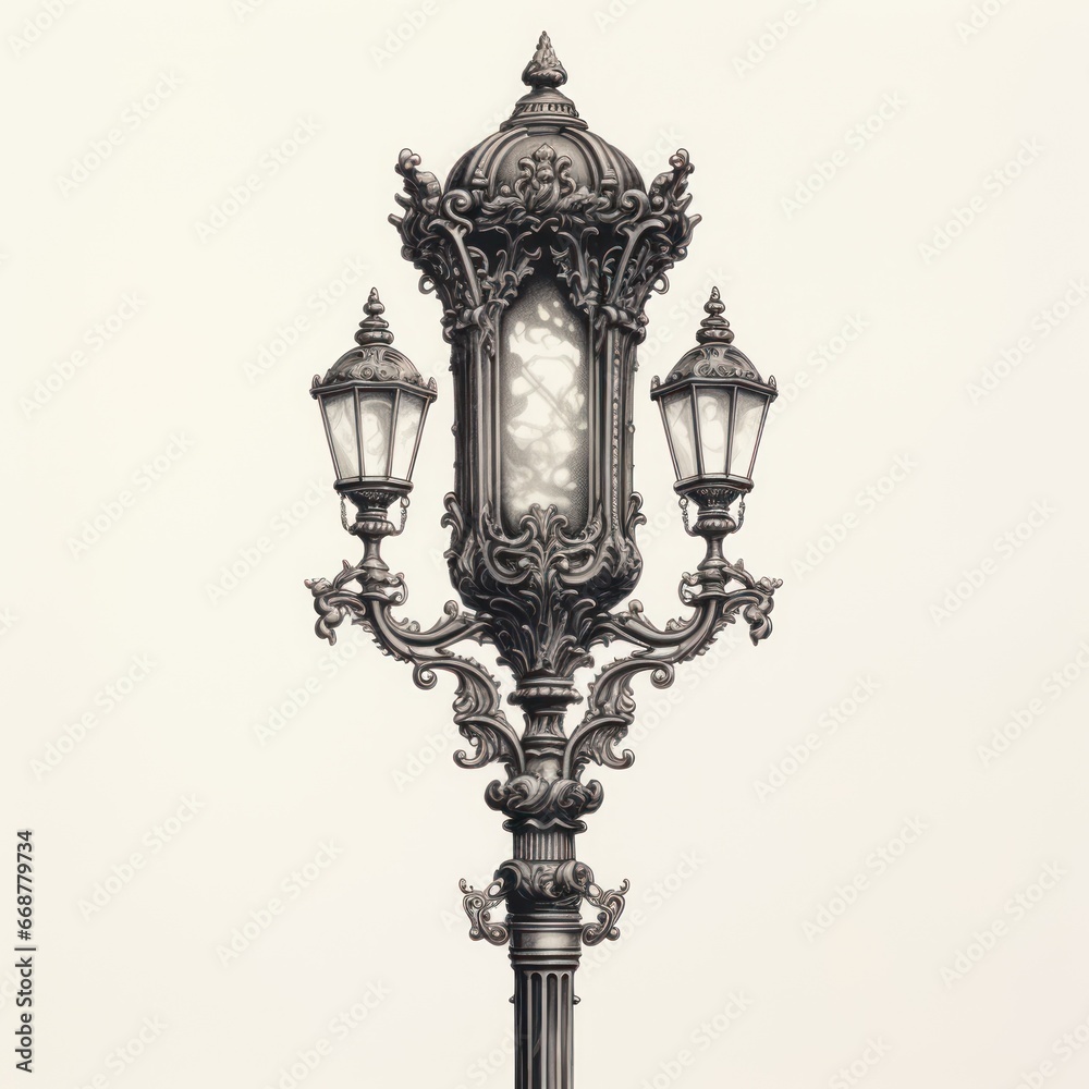 Victorian street lamp intricately engraved on white.