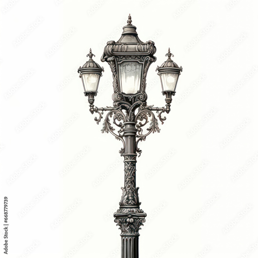 Victorian Street Lamp Engraving in Fine Detail on White