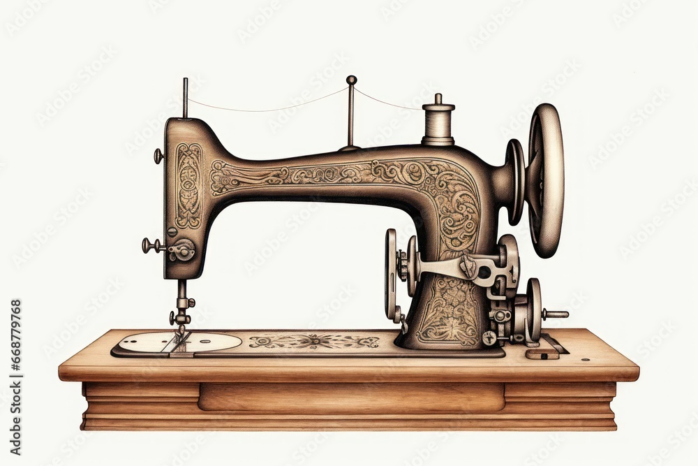 Engraved Vintage Sewing Machine on White: Exquisite Details