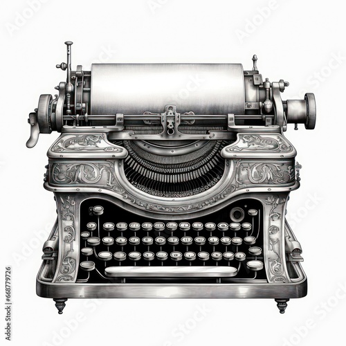 Victorian Typewriter Engraving on White Background with Detail