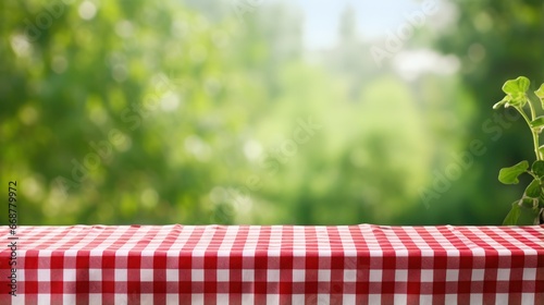 Outdoor meal display on a patterned tablecloth, with a natural setting blurred behind.