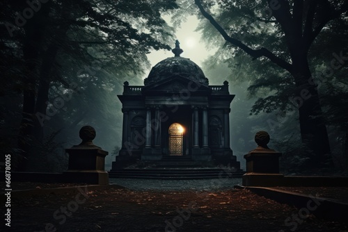 Cemetery's eerie moonlit mausoleum.