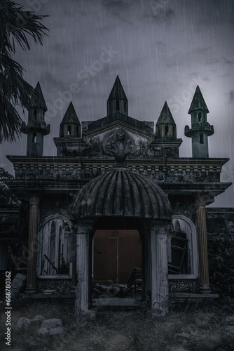 Old small abandoned palace. Mystical night. Asian architecture. Abandoned building.