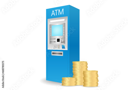 ATM- Automated Teller Machine with Stack of Coin. Saving and Investment Concept. Vector Illustration. 