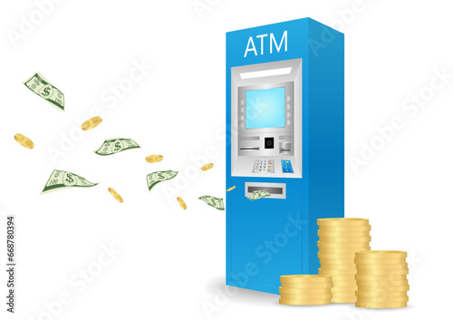 ATM- Automated Teller Machine with Flying Cash Money and Coins. Saving and Investment Concept. Vector Illustration. 