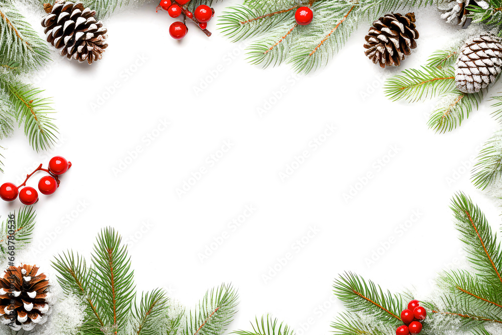 Fototapeta premium Christmas Colorful Decorations Frame With White Background. Christmas Greeting Card With Copyspace For Text Message. Ai Generated 