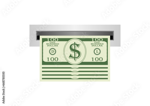 Money Coming Out from ATM Slot. Withdrawing Money from ATM- Automated Teller Machine. Vector Illustration. 
