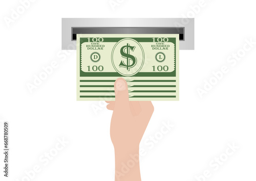 Hand taking Money from ATM- Automated Teller Machine. Withdrawing Money Concept. Vector Illustration. 