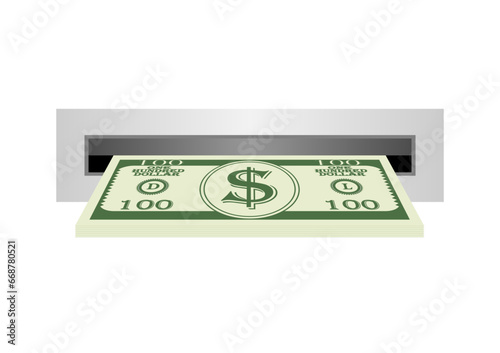 Money Coming Out from ATM Slot. Withdrawing Money from ATM- Automated Teller Machine. Vector Illustration. 