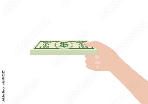 Hand Holding Dollar Bill or Cash Money. Vector Illustration Isolated on White Background.