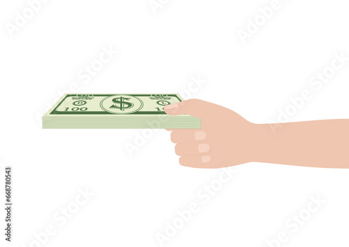 Hand Holding Dollar Bill or Cash Money. Vector Illustration Isolated on White Background.