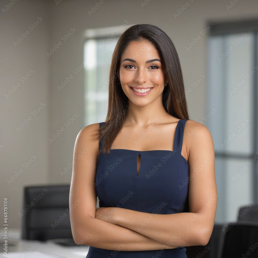 Latin American woman, successful executive in an office with her arms crossed. Latin American woman, successful executive in an office with her arms crossed.