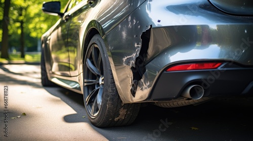 Vehicle shows rear bumper damage from an accident. © rorozoa