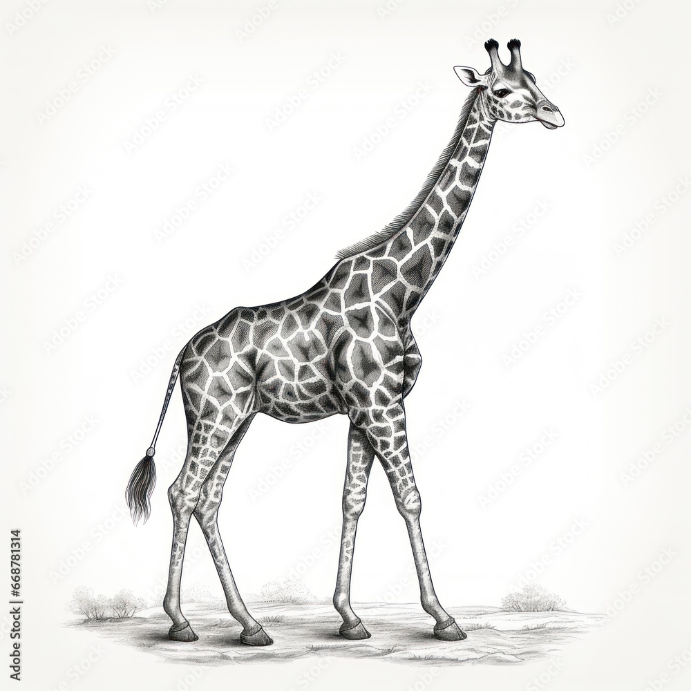 Naklejka premium Vintage-style Giraffe Engraving on White Background, Reminiscent of 1800s Illustration