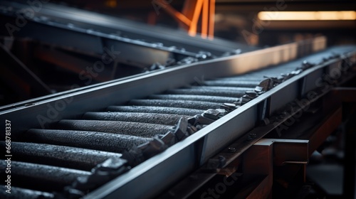 Transportation process of coal on conveyor, with a blurred setting.