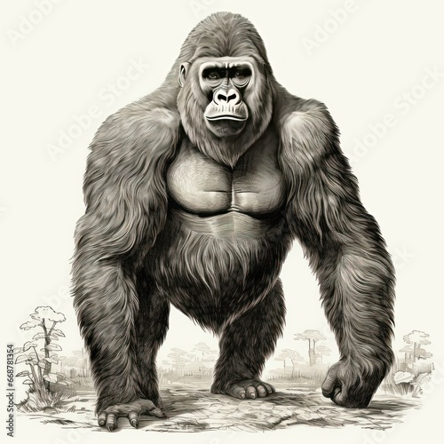 1800s-style Gorilla Engraving on White Background: Vintage Illustration