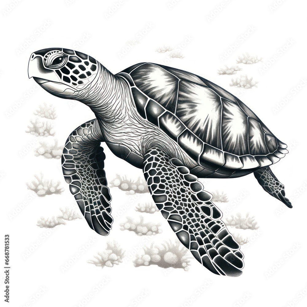 Fototapeta premium 1800s Style Hawksbill Turtle Engraving on White Background - Vintage Illustration