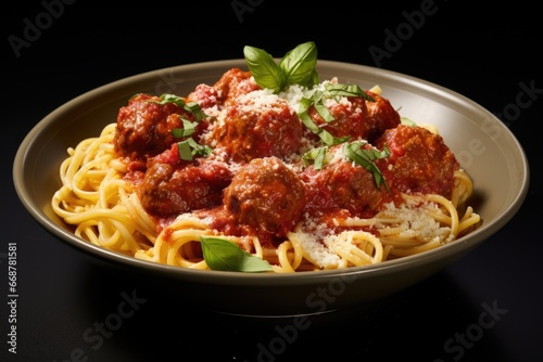 Delicious spaghetti with tomato sauce, meatballs and parmesan