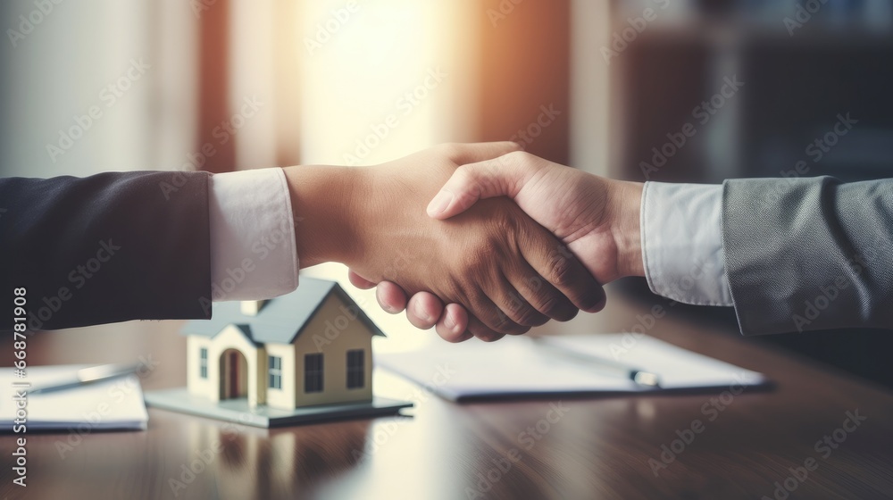 lease, rental and selling home. Dealership manager handshake customer to the new homeowner. rent house, Sales, loan credit financial, insurance, Seller, dealer, installment gen by AI - obrazy, fototapety, plakaty 