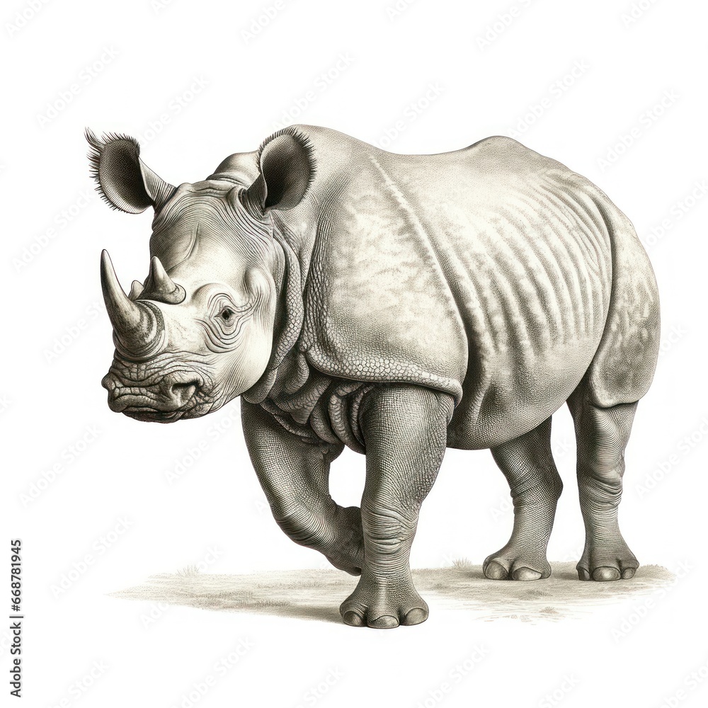 Fototapeta premium Vintage-style Indian rhinoceros engraving on white background reminiscent of 1800s illustrations.