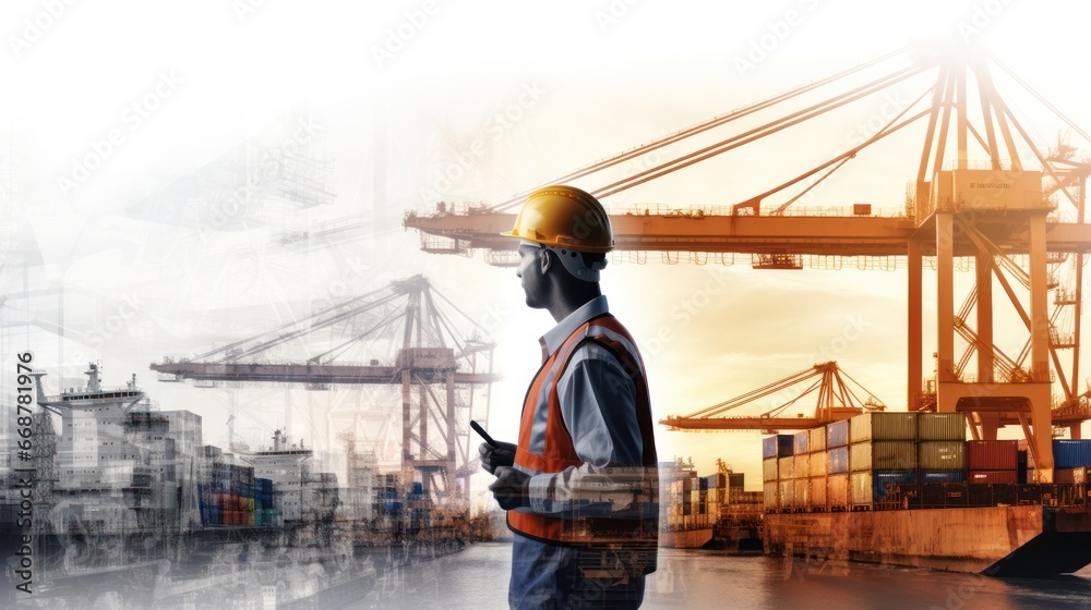 Double exposure photography of engineer man and the business Logistics and transportation of Container Cargo ship and Cargo plane with working crane bridge Double exposure photography of engineer man and the business Logistics and transportation of Container Cargo ship and Cargo plane with working crane bridge
