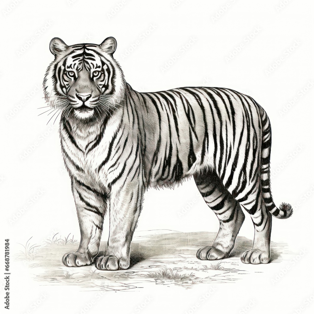 1800s-style engraving depicts Indochinese Tiger on white background 1800s-style engraving depicts Indochinese Tiger on white background