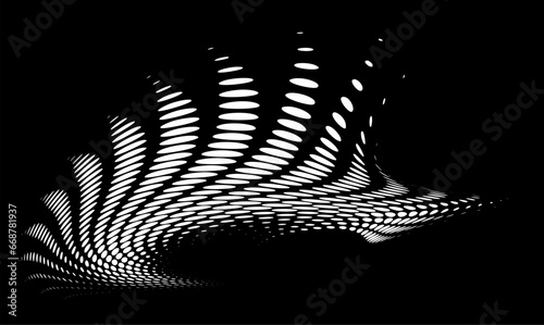 Halftone frame of white peas, dots, drops with radial twisted rays on a black background. Vector. For logos, trademarks, emblems. Space for copy text. 